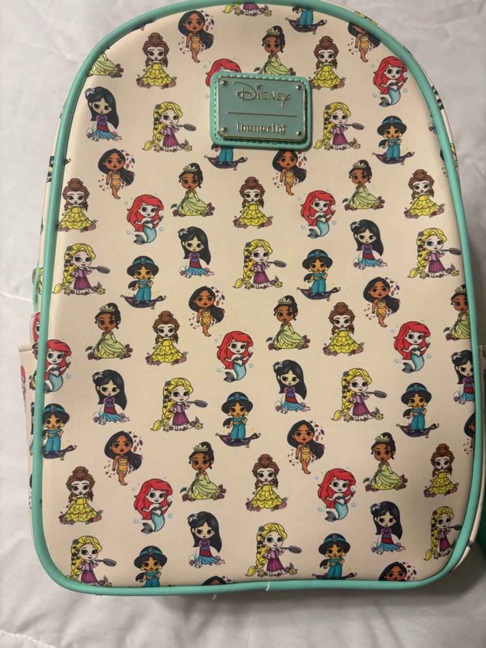 Disney Mini Bag - Cream with Aqua Trim and Multicolor Princess Prints